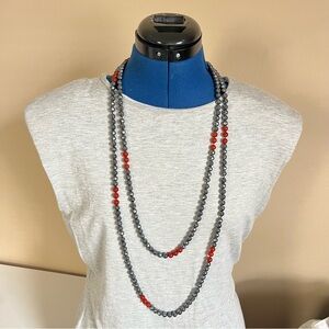 Hematite and Red Glass Extra Long Rope Necklace